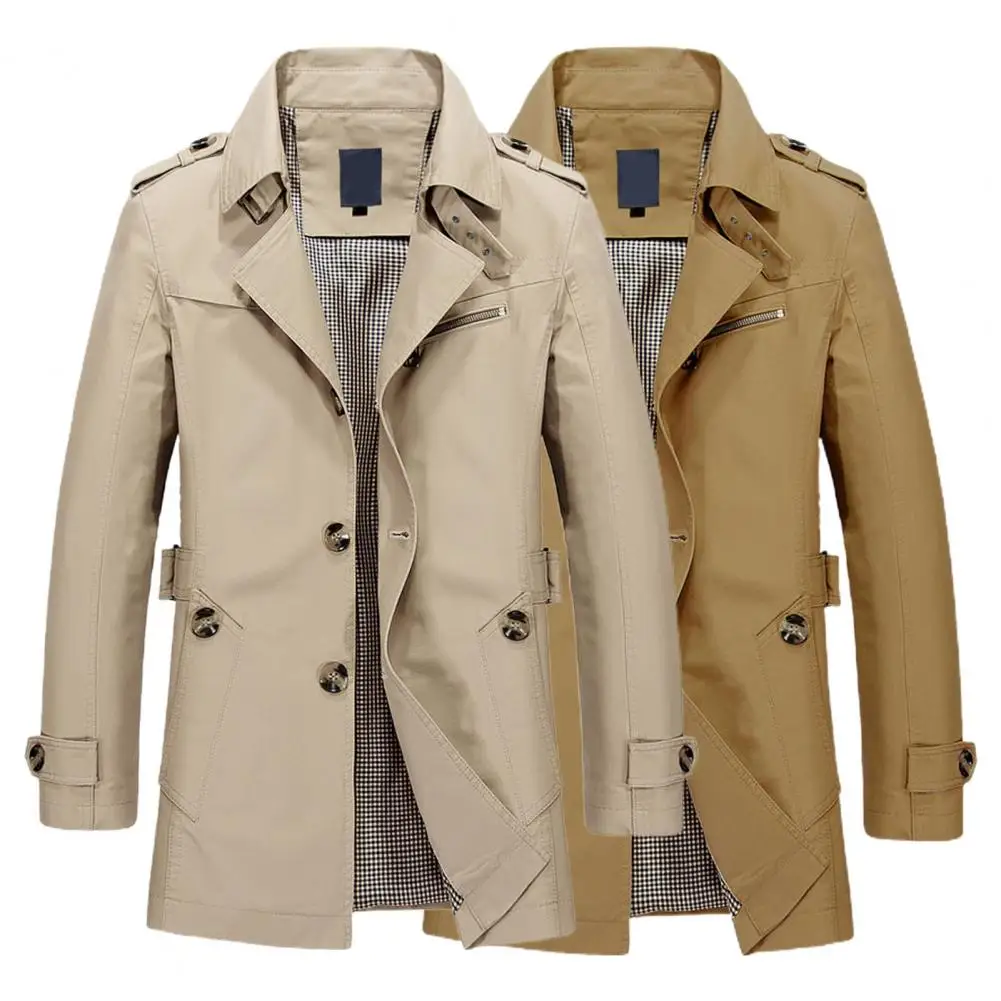 Jaqueta de peito único de comprimento médio masculina, casaco de lapela, ajuste fino, manga longa, elegante, comprimento médio