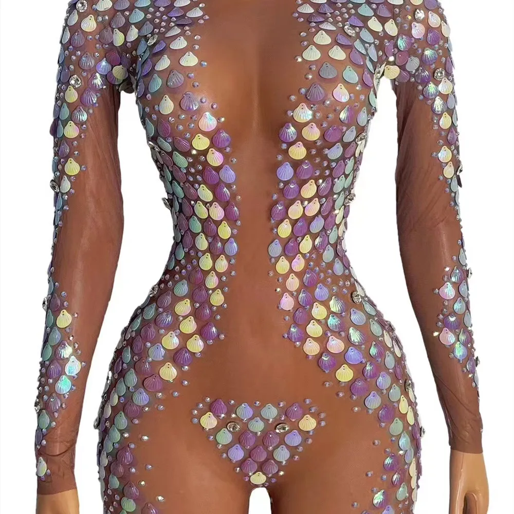 Colorful Sequin Shell Tight Jumpsuit Nightclub DJ Sexy Transparent Elastic Dance Tights Women Dancer Festival Party Show Costume