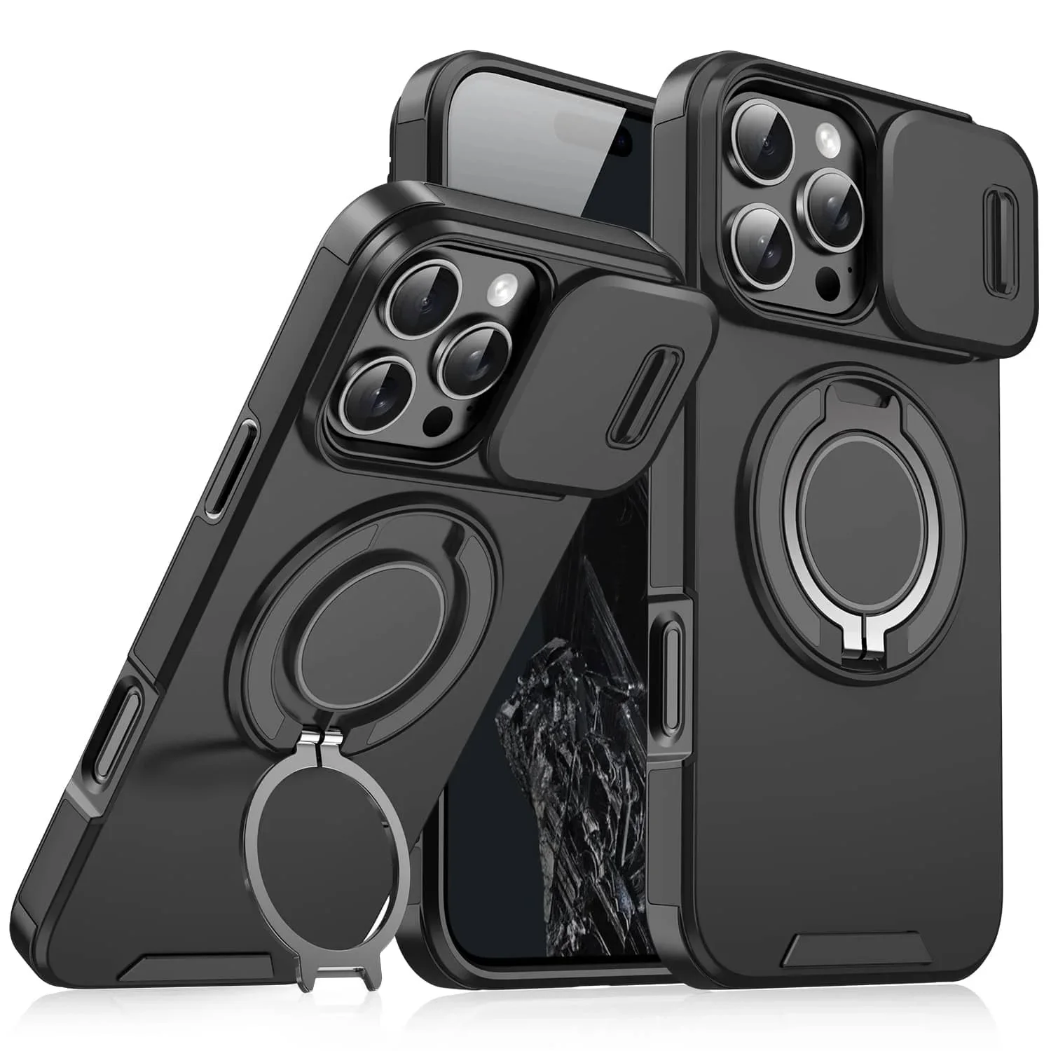 Rugged Shockproof Case for iPhone 16 15 14 13 12 11 Pro Max, Heavy Duty Case with Slide Camera Cover, 360° Rotatable Ring Stand