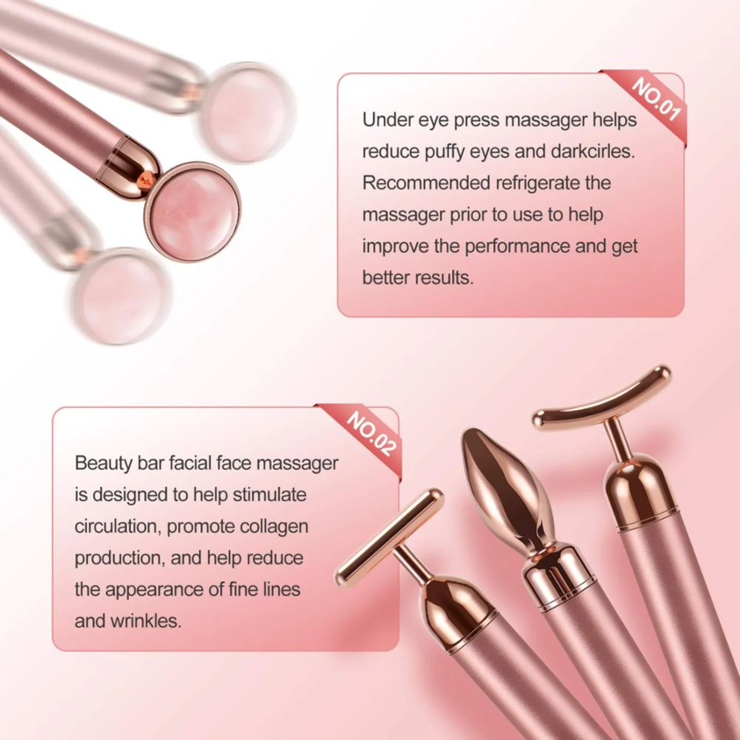 4 in 1 Rose Quartz Jade Roller Face Eye Massager - Vibrating T/V-Shaped Lifting Beauty Tool