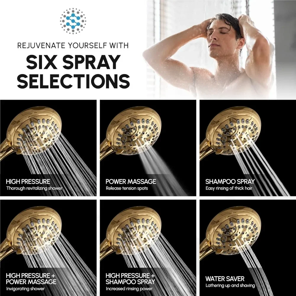 4.5 inch Shower Head, 6 Spray Setting Handheld Shower Head with Extra-Long Hose, Polished Brass/Imperial Shine Gold