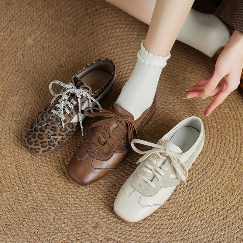 2026New Women Top Layer Cowhide Spliced German Army Trainers Flat Casual Retro Sneakers Comfortable Outdoor Genuine Leather Shoe