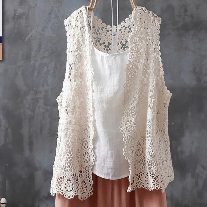 Women V-Neck Hollow Out Crochet Vest Female Sleeveless Jacket Cotton Lace Waistcoat Knitted Embroidery Cardigan Knit Vest Q311