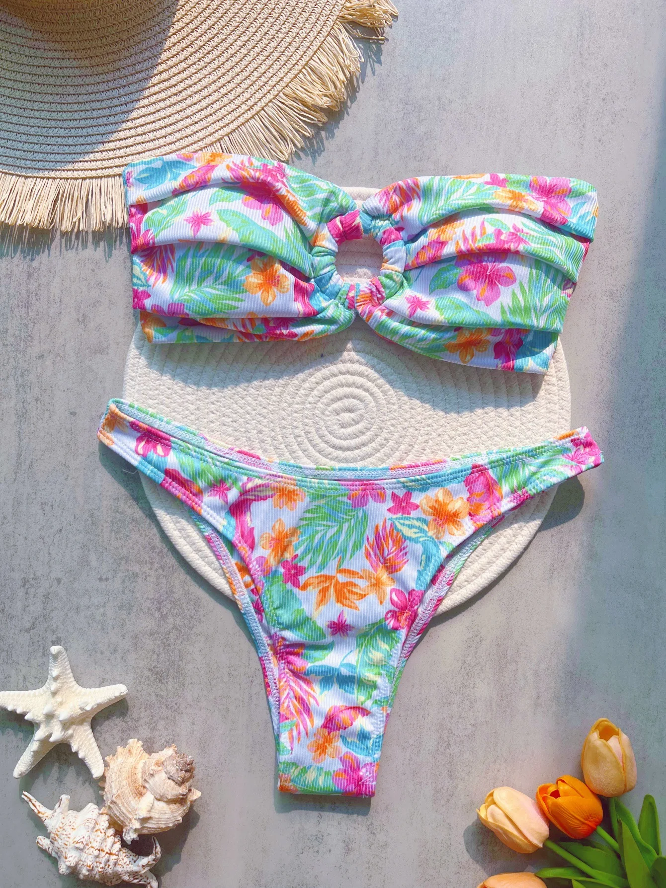 

Sexy Flower Print 2 Piece Swimsuit for Women Strapless Backless Bikini Set Hollow Out Beach Vacation Bathing Suit 2025 New
