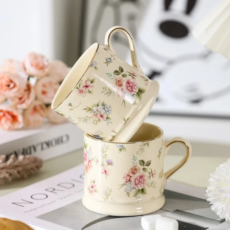 European Light Luxury Floral Mug High Value Retro Home Coffee Cup Ins Style Gold Afternoon Tea Ceramic Cups