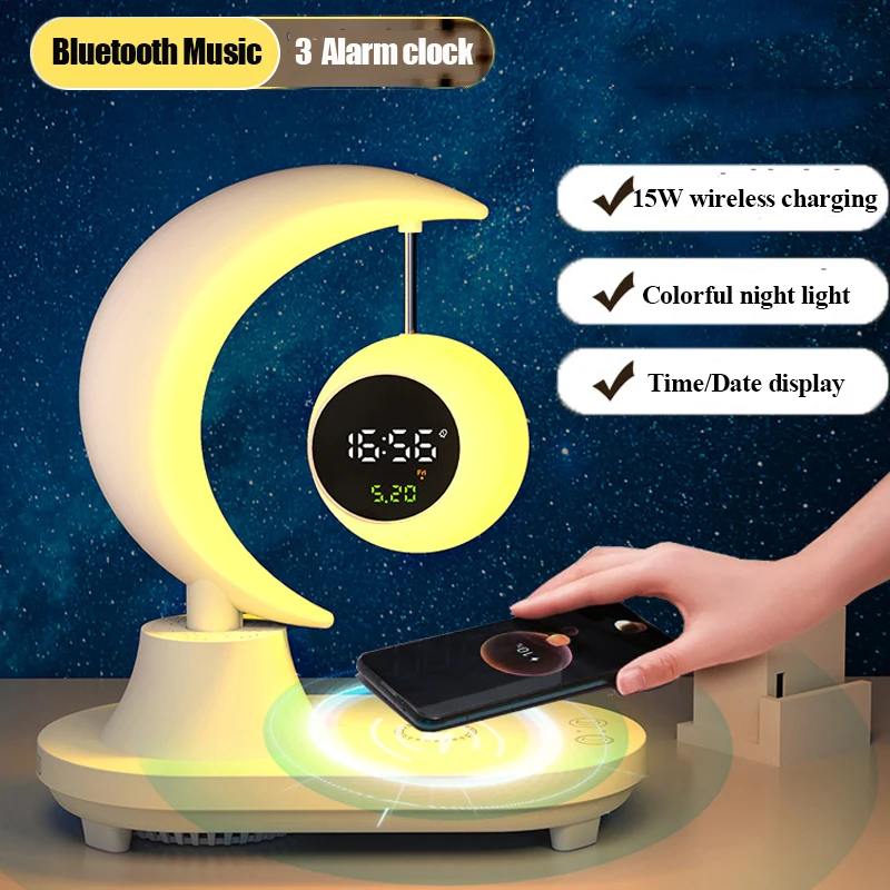 Wirelss Alarm Clock Bluetooth Speaker Colorful Night Light Bluetooth Soundbar 15W Wireless Charging MP3 Music Player App Control