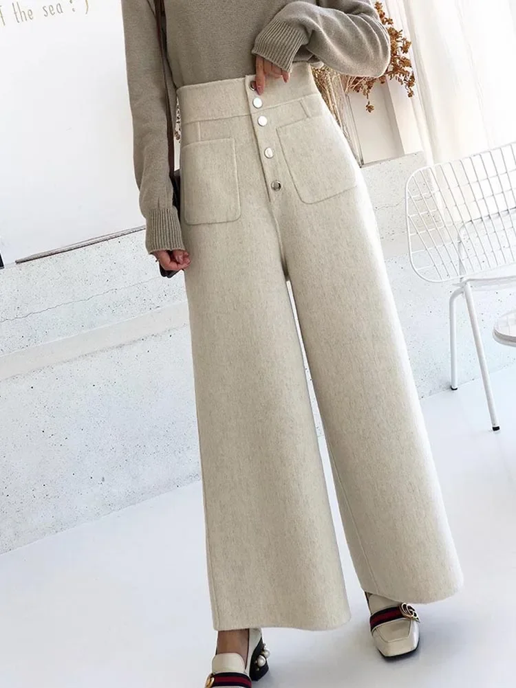 

Warm Woolen Wide Leg Pants Womens Autumn Winter Fashion Straight Trousers Office Lady High Waist Baggy Pantalones 2024 A157