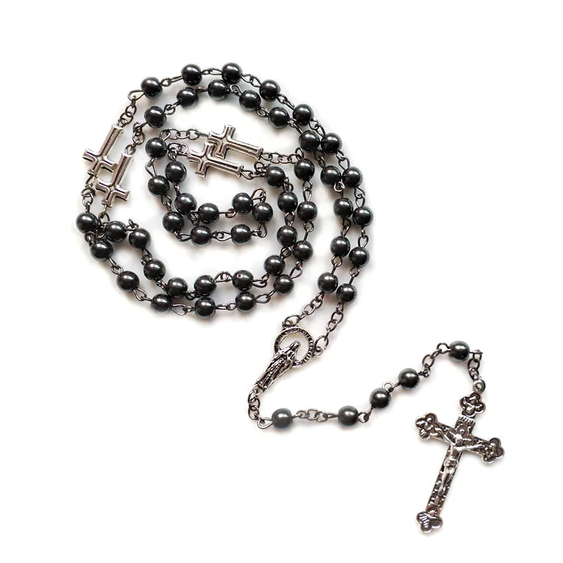 QIGO Vintage Hematite Rosary Catholic Long Jesus Cross Virgin Necklace Pendant For Men Women Religious Jewelry