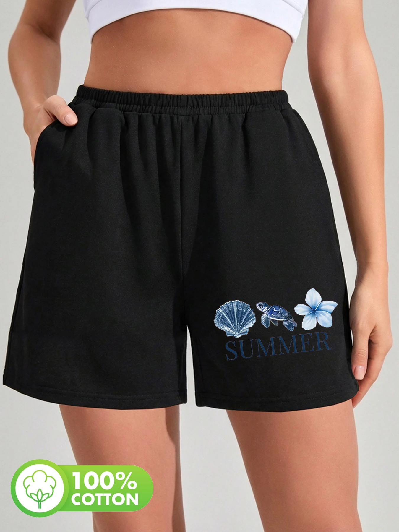 Summer Women's Shorts - Ocean Theme with Seashells, Sea Turtles, Blue Flowers, SUMMER Print, Pure, Casual Casual Attire