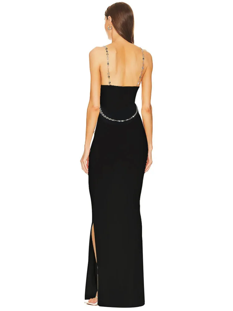 Women Summer Luxury Sexy Sleeveless Backless Chain Black White Maxi Long Gowns Celebrity Elegant Evening Party Club Dress