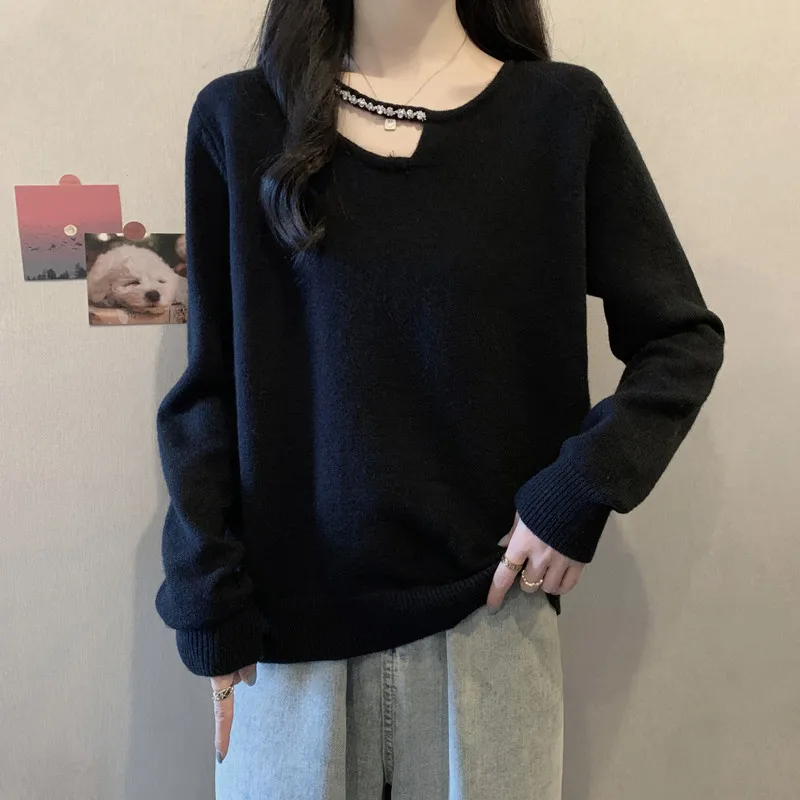 

Женский вязаный топ свободного кроя с эффектом стройности, базовый слой, корейский стиль, из льняной смеси, с длинными рукавами