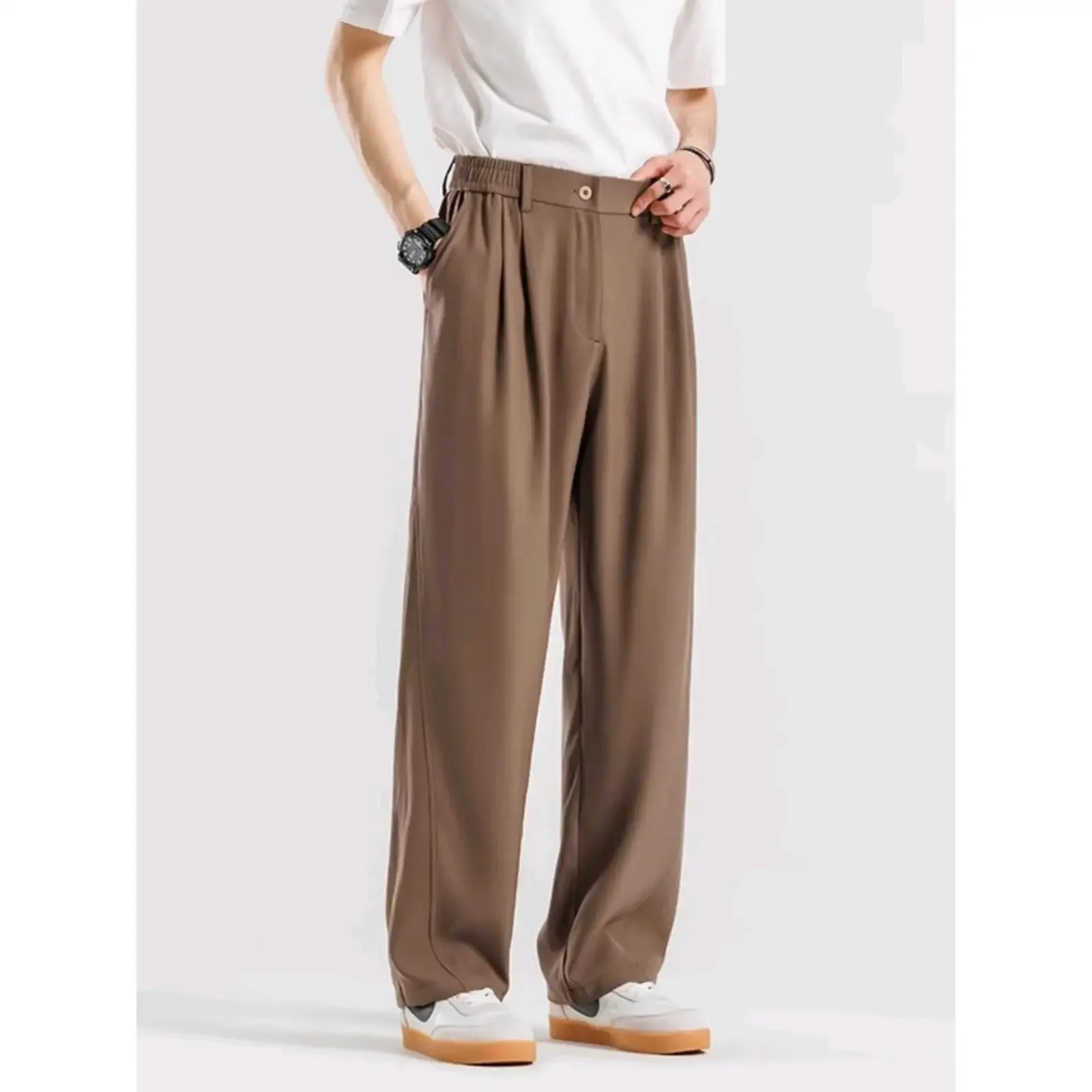 Summer Men's Solid Color Simple Basic Casual Trendy Business Straight Wide Leg Silk Suit Trousers Male New Fashion Pants Clothes