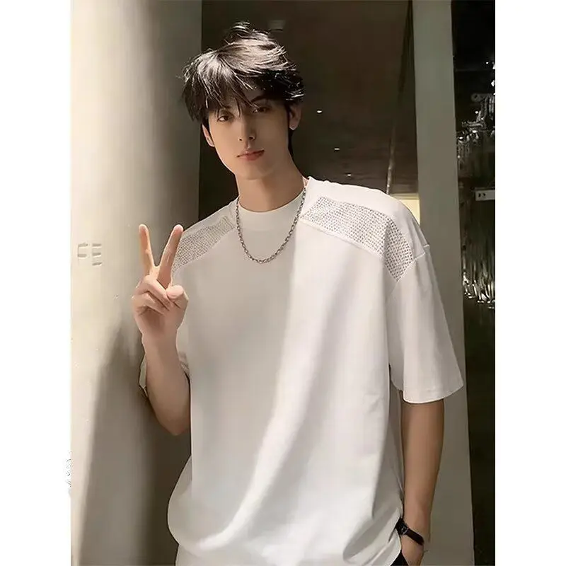 Summer Men's T-shirt Shoulder Pads Metal Design Short Sleeve Half Sleeve Trendy round Neck Pullover Standard Fit Polyester Fiber