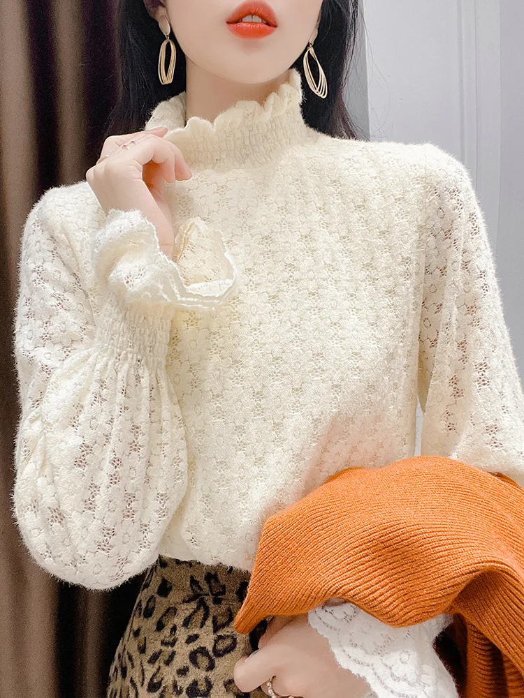

Женская осенне-зимняя модная базовая одежда с высоким воротником, кружевом и подкладкой, топ в корейском стиле, свободный крой, длинный рукав
