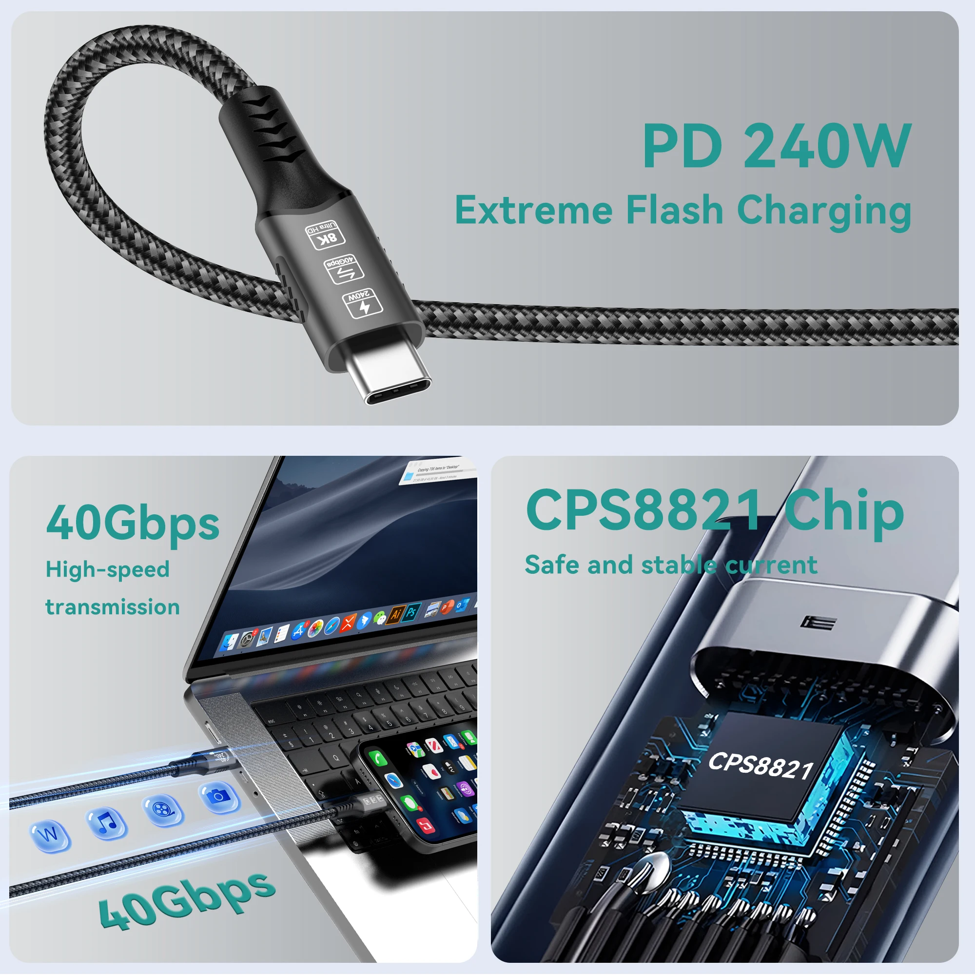 USB 4 for Thunderbolt 4 Cable 8K@60Hz 40Gbps Data Sync 240W Fast Charging USB C to USB C Thunderbolt Cable for MacBook Monitor view 5