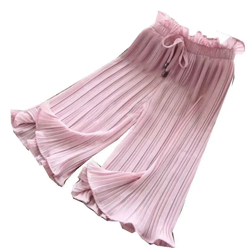 Thin Chiffon Pants Toddler Kids Loose Pleated Fashion Baby Trousers with Lining Teenage Girls Summer Wide Leg Pants