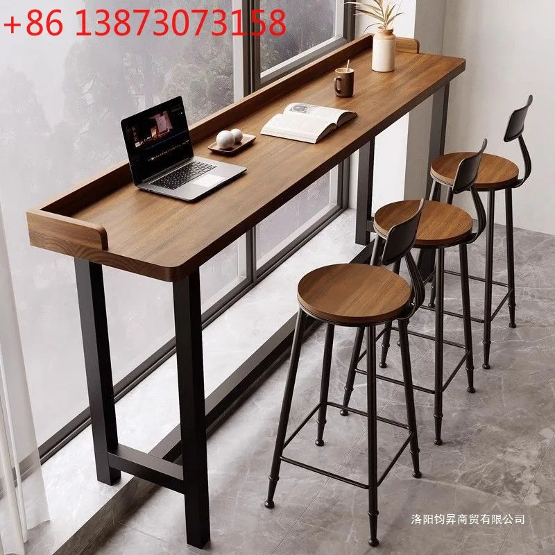 

Solid wood modern simple balcony bar counter by window and wall household high table and chair combination table simple strip ba