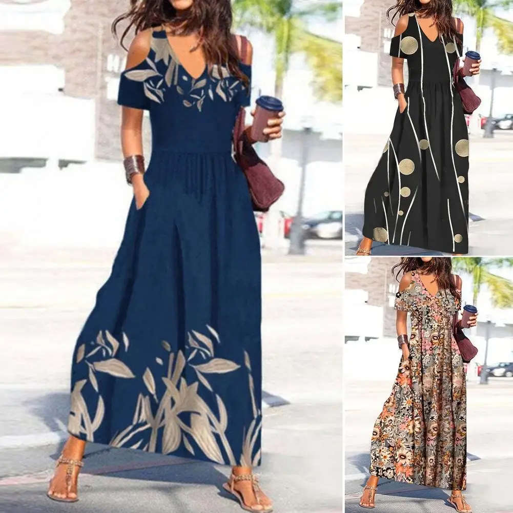 Women Summer Dress Flower Print Hollow Out Short Sleeves V Neck Dress-up Pleated Off Shoulder Soft Maxi Dress Women Clothes