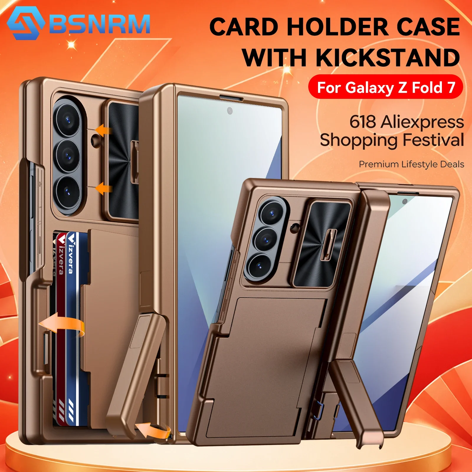 

618 Hot Deals for Samsung Galaxy Fold 7 Phone Case,with RFID Cards Holder,Bracket,Camera Cover,Shockproof Wallet Case-Gold