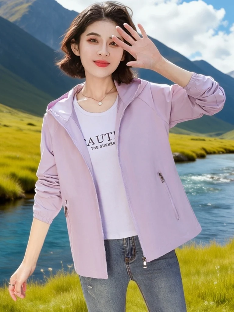 Women's Short Hooded Jacket Spring Autumn Fashionable Casual Loose Windproof Two-Layer Waterproof Windproof Zipper Pocket