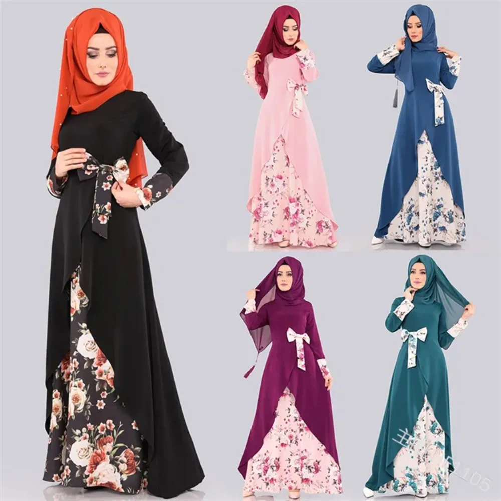 Women Muslim Fashion Dress New  Bow Fashion Print Long Sleeve Round Neck Slim Maxi Dresses for Women