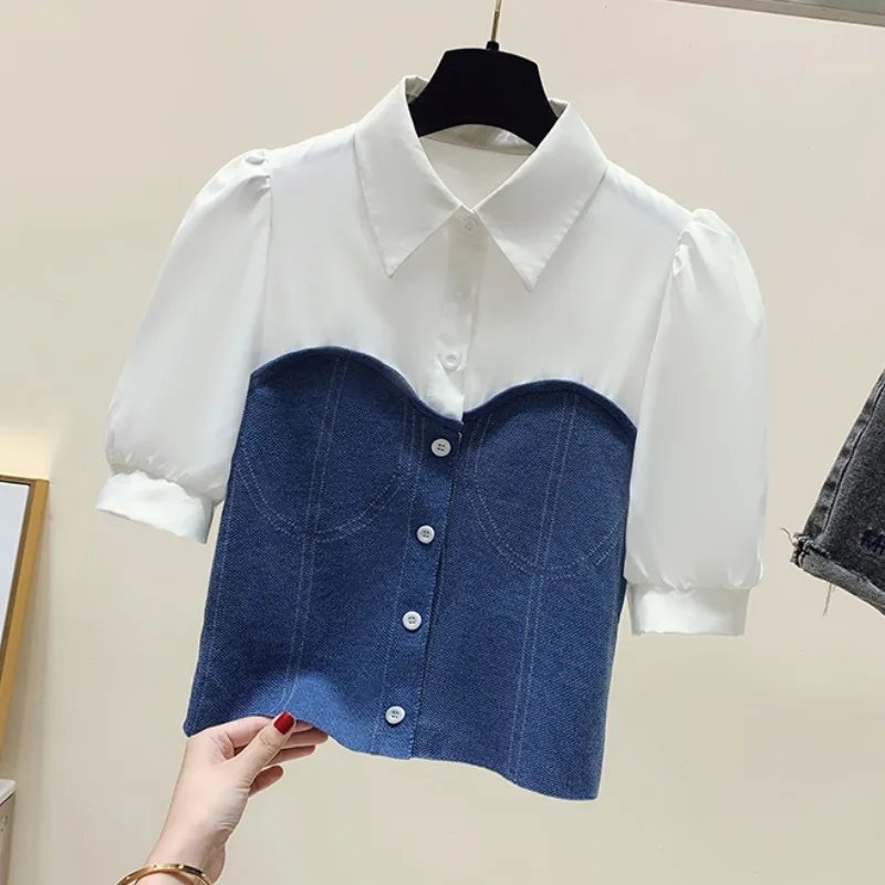 

Women's Denim ort Sve irt Design Sensation Slim Fit ort Sle Beautiful Bubble Sve Top Summer Faion Korean Sle