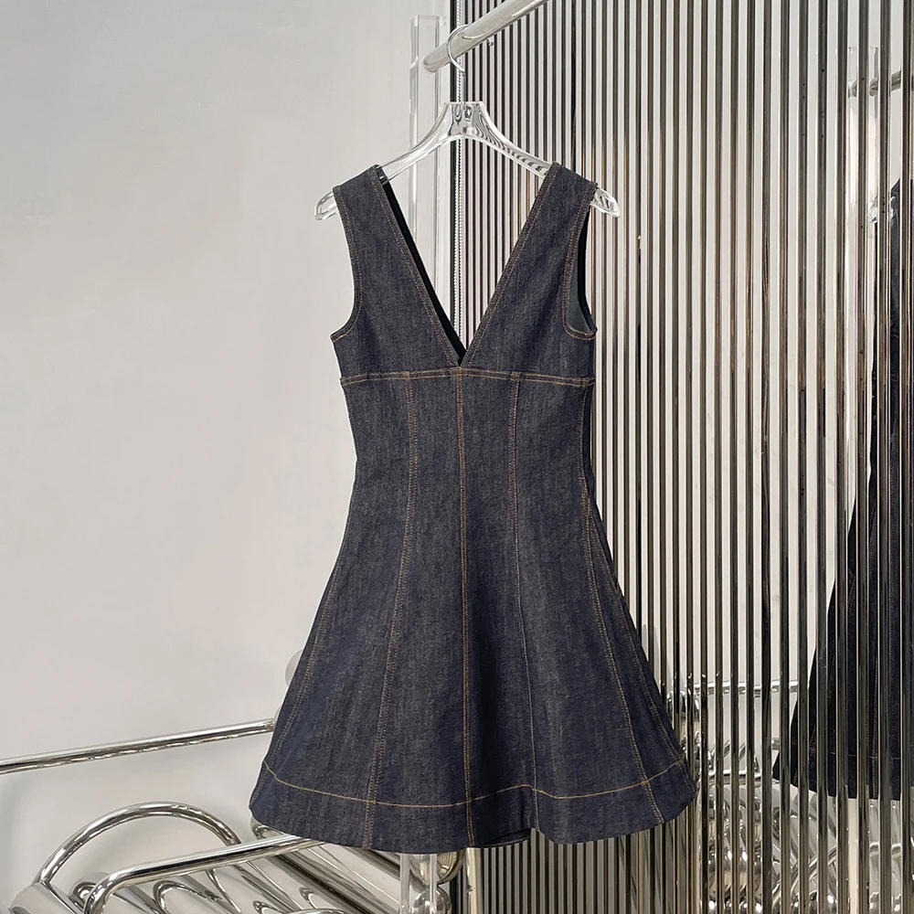 

Женское джинсовое платье из смеси хлопка Y2K с застежкой-молнией, элегантное пригородное платье без рукавов с v-образным вырезом, осень/зима 202, новое поступление