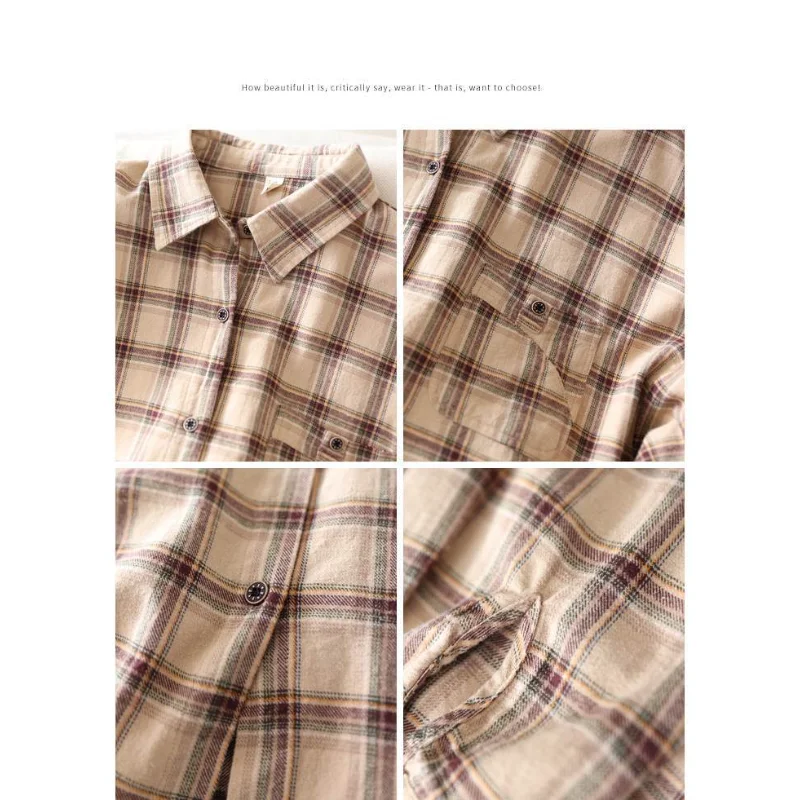 Women's New Spliced POLO Collar Button Plaid Fashion Loose and Versatile Casual Long-sleeved Shirt