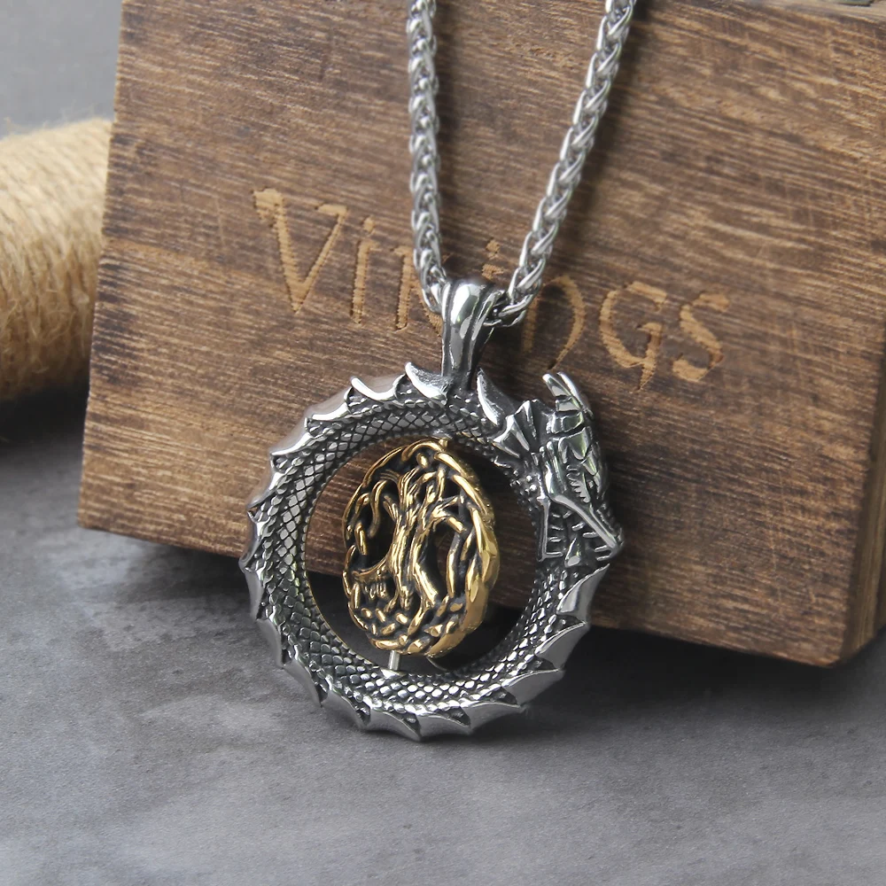 Fashion Gold Color rotating life tree in Amulet ouroboros Pendant Necklace with vikings wood box as men gift