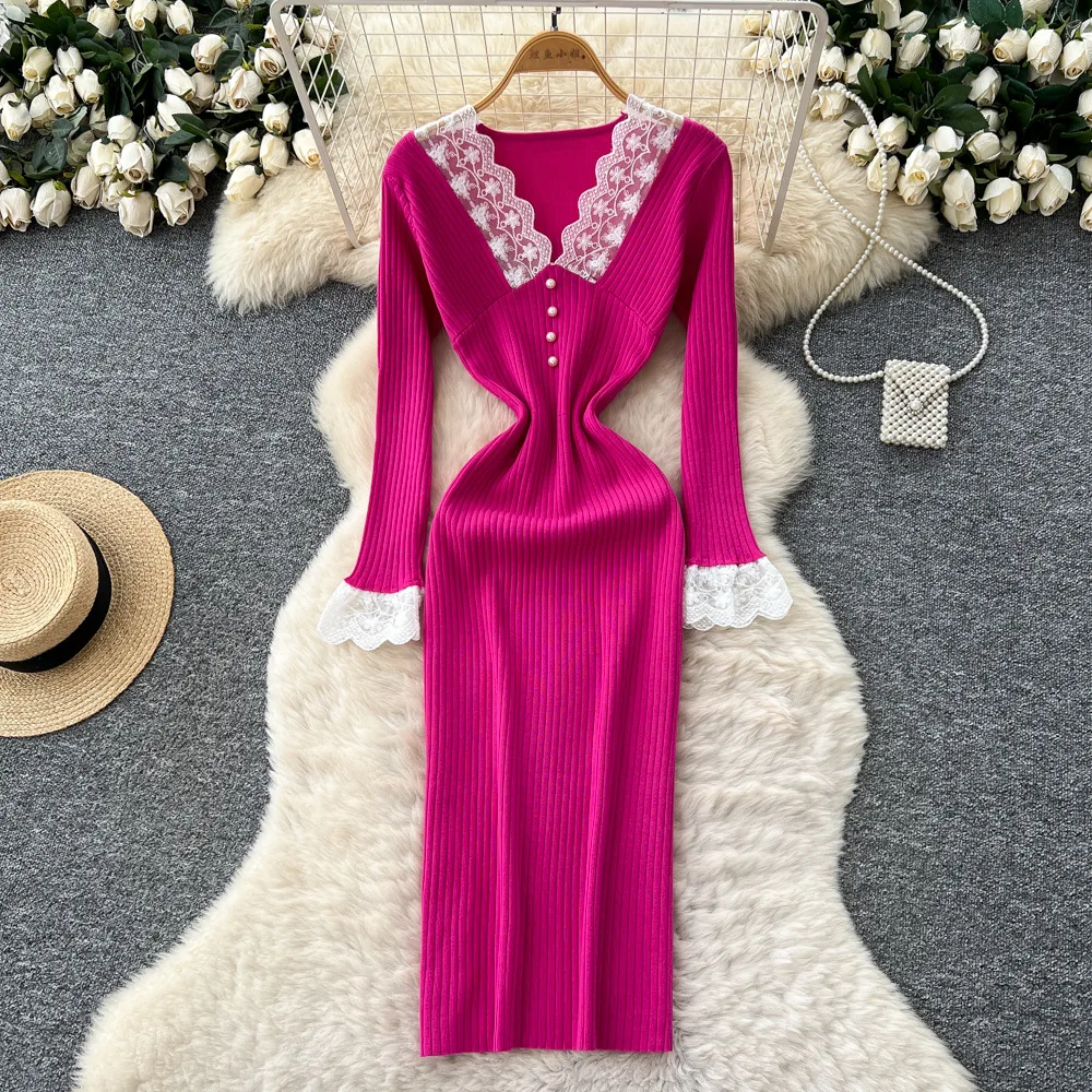 

Knitted Women Dresses Lace Spliced Dress H Line Ankle Lenth V Neck Sleeve Waist Cinch Skinny Slim Fit Elegant 2025 Apring Autumn
