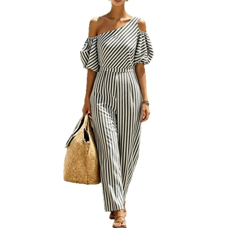 2026 New Summer Women's Jumpsuit With Striped Diagonal Shoulder Bubble Sleeves Fashionable And Comfortable Unique Jumpsuit Pants view 5