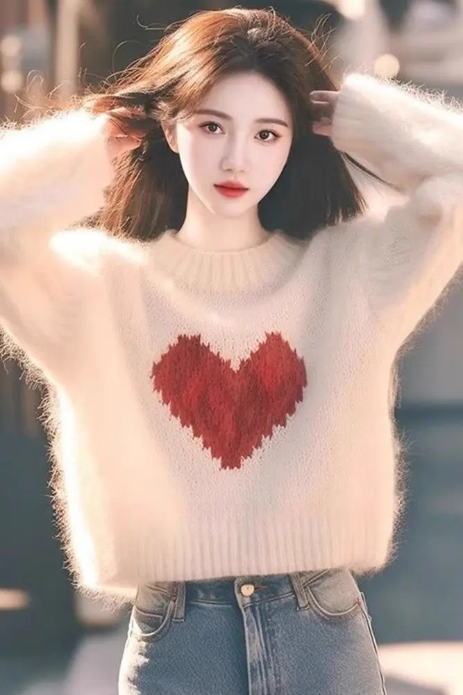 

Autumn Winter Women's Knitted Sweater Heart Print Splicing Beaded Embroidery Organic Cotton Sweet Style Commute Sle F Hig M492