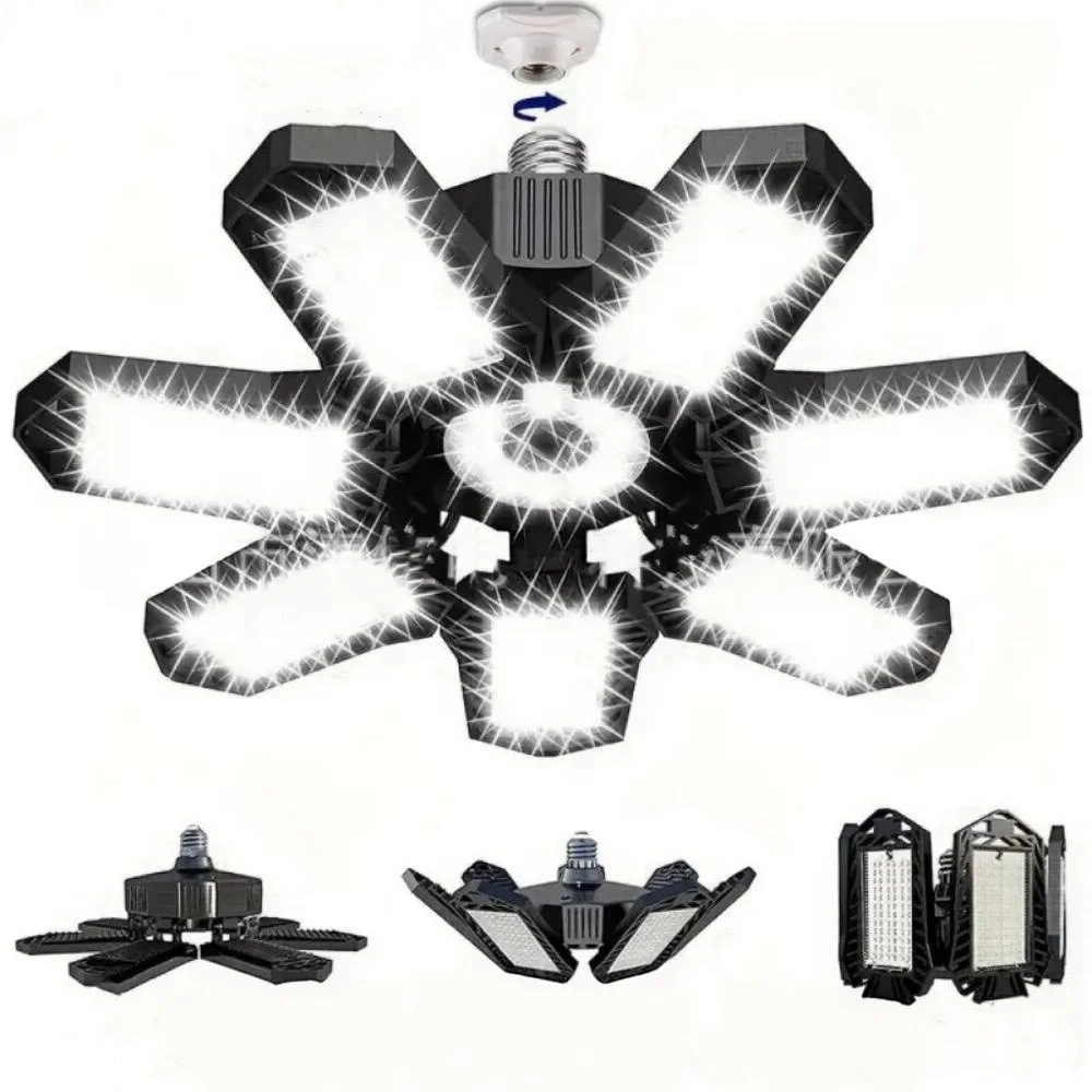 E27 100W LED Garage Light 7‑Panel Deformable Ceiling Lamp 6500K Daylight 90° Adjustable Foldable Lighting for Warehouse Basement