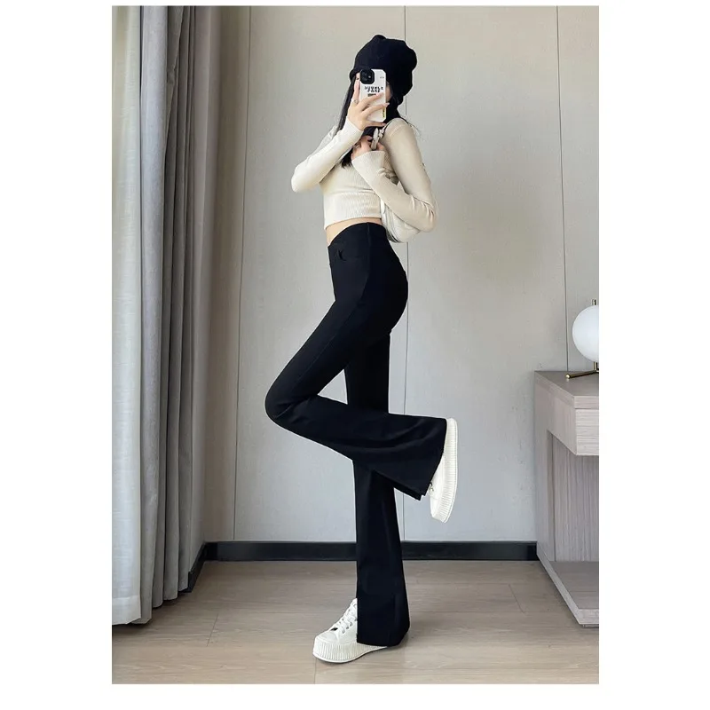 2024 Frühling und Herbst Schwarze Micro Horn Hosen Herbst Hohe Taille schlankmachende und schlankmachende neue Damenhosen