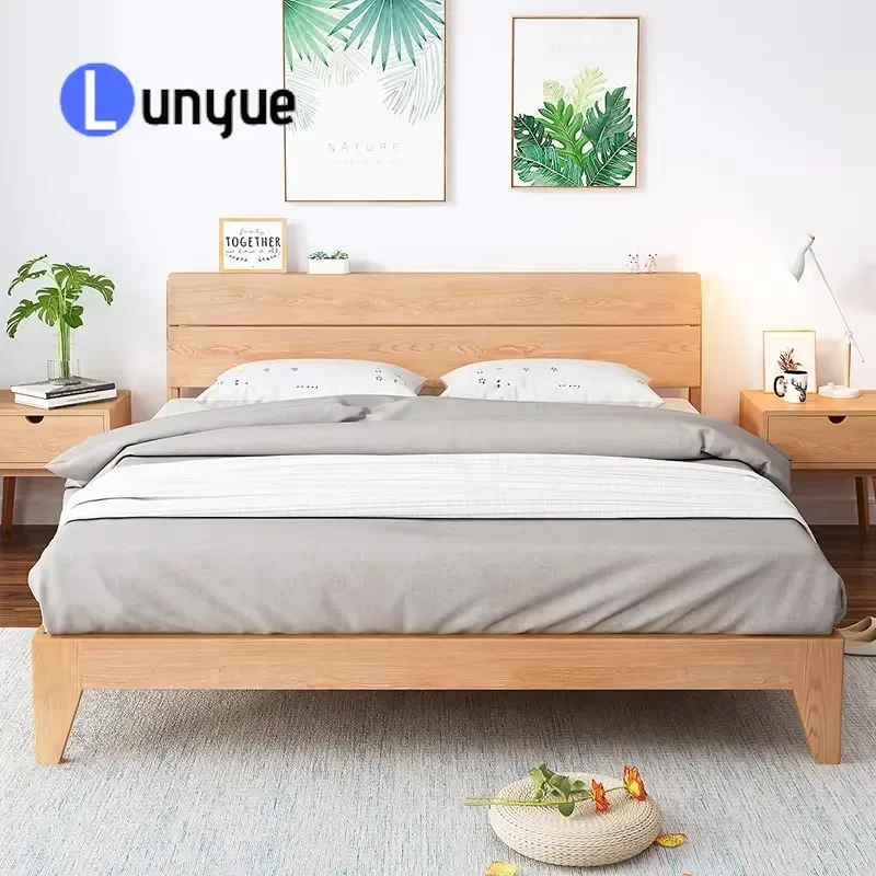 White Oak Solid Wood Bed Nordic Modern Simple Double Bed 1.5m 1.8m Bedroom Furniture Sturdy Frame Minimalist Design Home