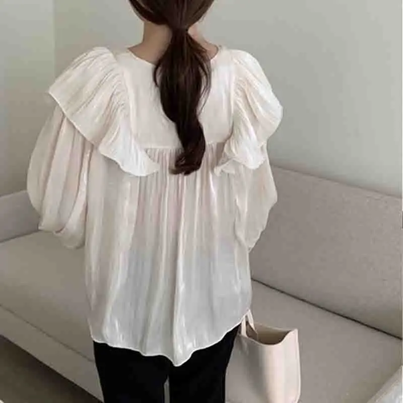 New Fashion V Neck Lantern Sleeve Women\'s Shirts Casual Loose Ruffles Women Blouse Elegant Woman Tops Office Lady Clothes 201