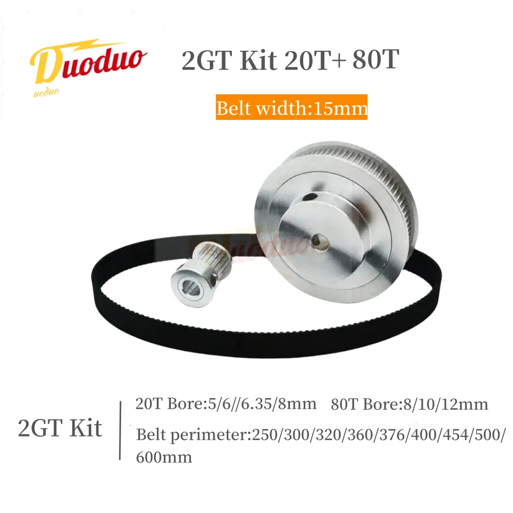 

2GT Timing pulley set 4:1 reduction ratio transmission component GT2 Pulley Belt Kit 80T 20Teeth Belt Width 15mm Bore 5~12mm GT2