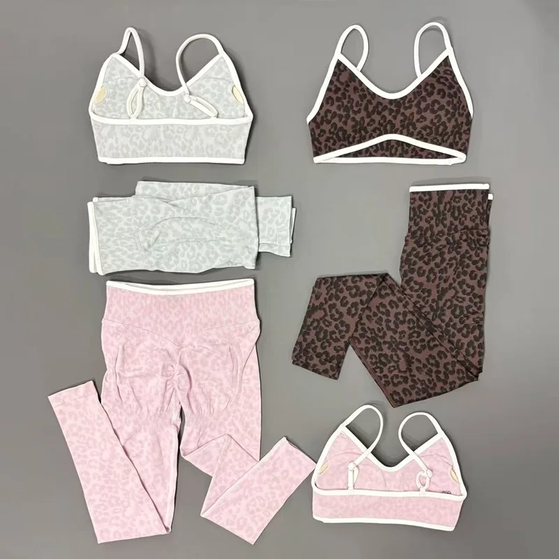 2 Piece Leopard Yoga Set Women Spaghetti Strap Sports Bra Tummy Control Hip Lifting Stretch Leggings Gym Fitness Workout Sets