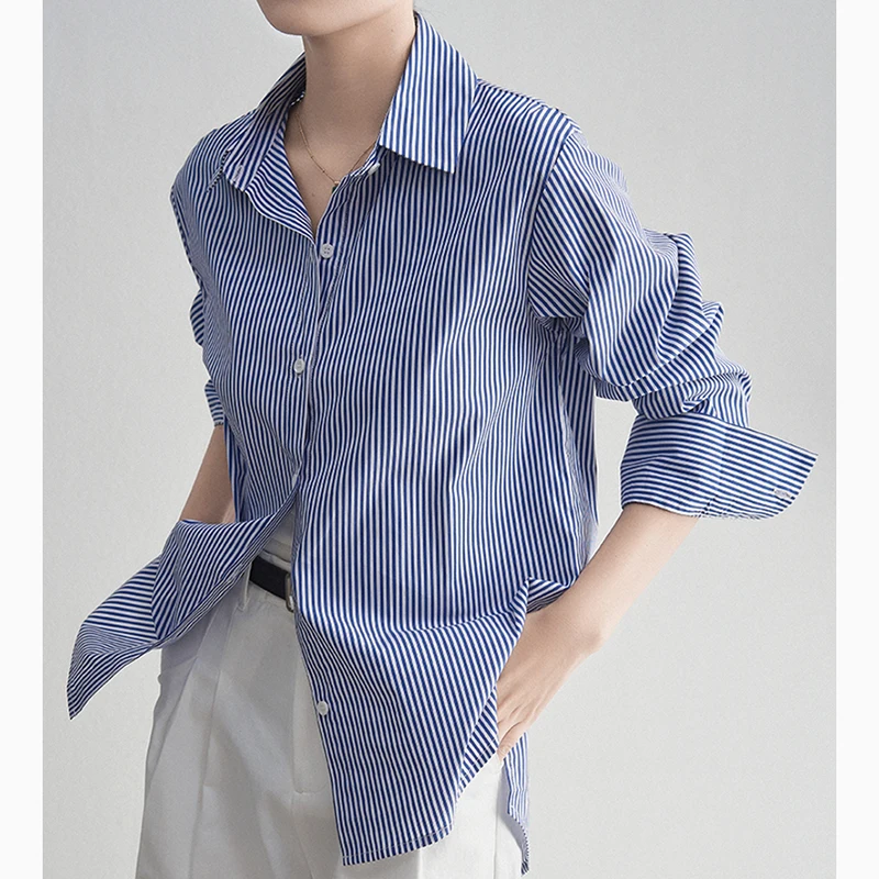 Blue Striped Women Shirts Korean Retro Cotton Loose Long Sleeve Female Casual Blouse Autumn New Office All Match Ladies Top