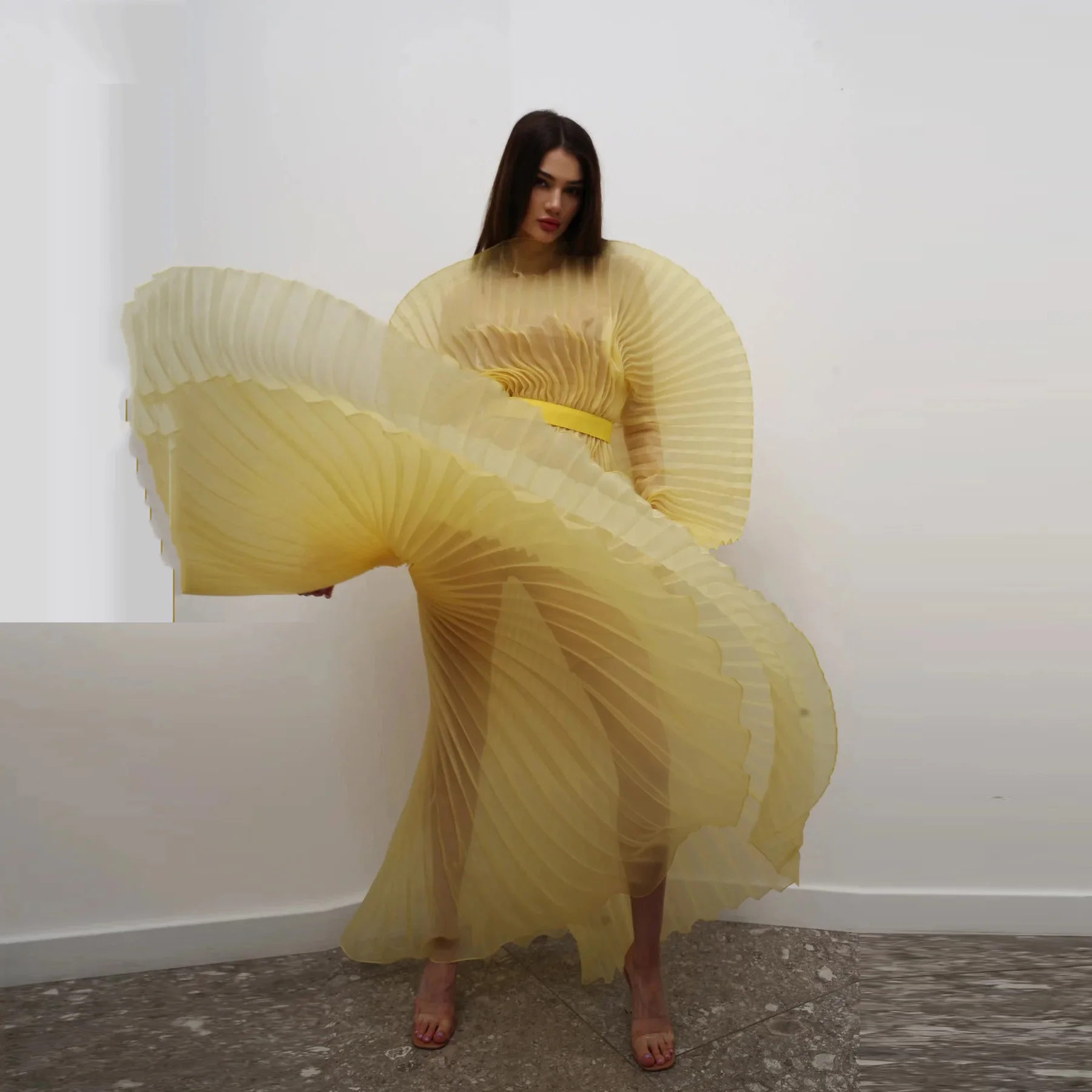 فستان نسائي جديد بأكمام طويلة مطوي من الأورجانزا على شكل حرف A فستان طويل للحفلات أصفر مصنوع حسب الطلب فساتين لحضور الحفلات الموسيقية مثيرة شفافة #1