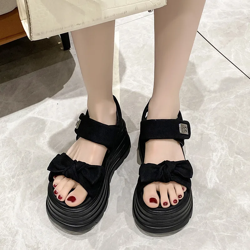 Summer 8cm Leopard Height Increasing Gladiator Sandals Women Bowtie Flat Platform Beach Shoes Woman Wedges Travel Hiking Sneaker view 6