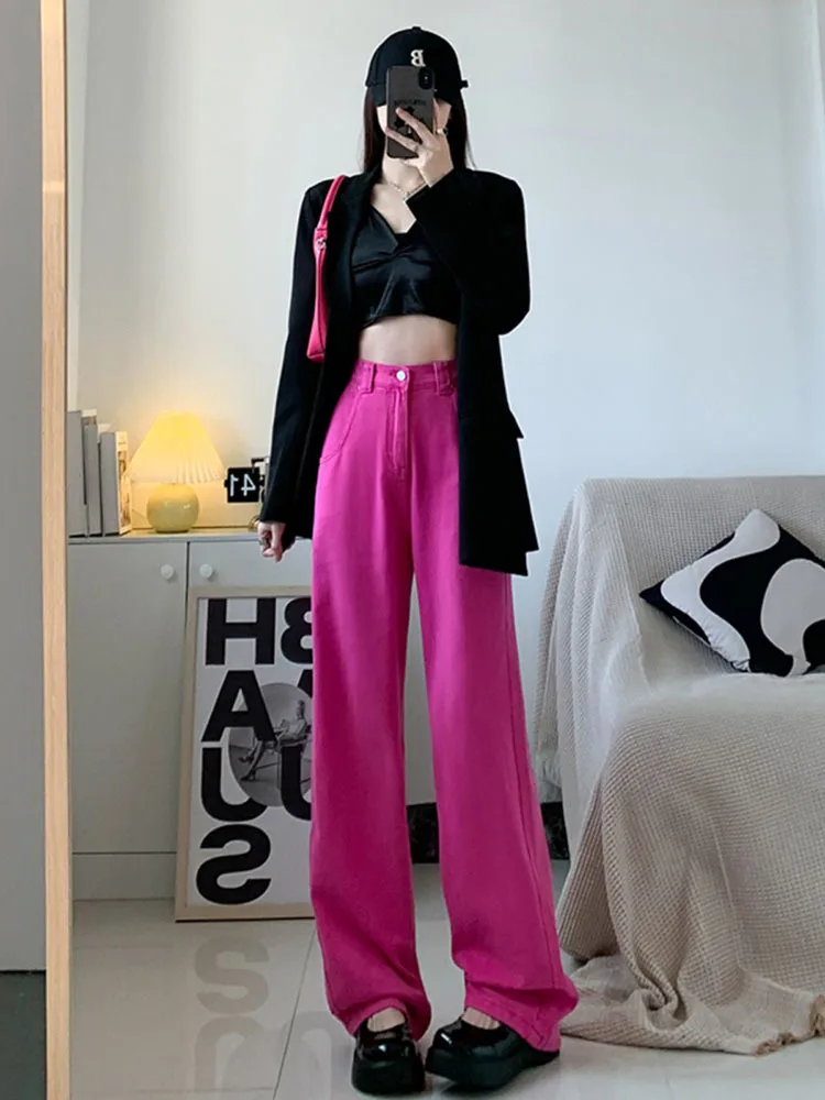 High Waist Wide Leg Green Pockets Zipper Casual Jeans New Loose Women Trousers Fashion Tide Spring Autumn 2023