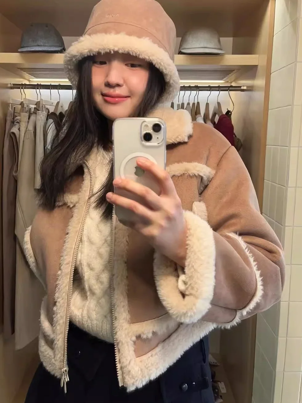 Cappotto da donna con doppia cerniera in pelliccia di agnello Jaet ort Sle East Gate G**e Cappotto con doppia cerniera Super ort intercato in pelle e pelliccia