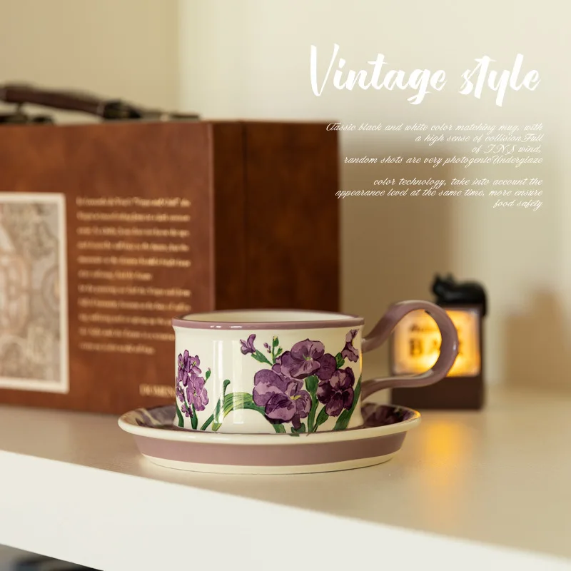

HYS medieval flower ceramic cup couple coffee cup saucer light luxury high value housewarming ceramic coffee cup with spoon