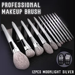 12PCS Makeup Brush Professional Kit Natural Animal Hair Powder Uniform Beginner Soft Moonlight Snow Silver Makeup Brush Set