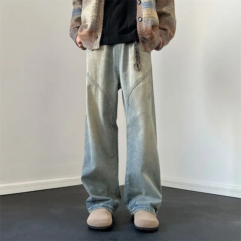 Pantaloni jeans blu lavati impiombati a gamba larga larghi alla moda da uomo in stile vintage americano High Street