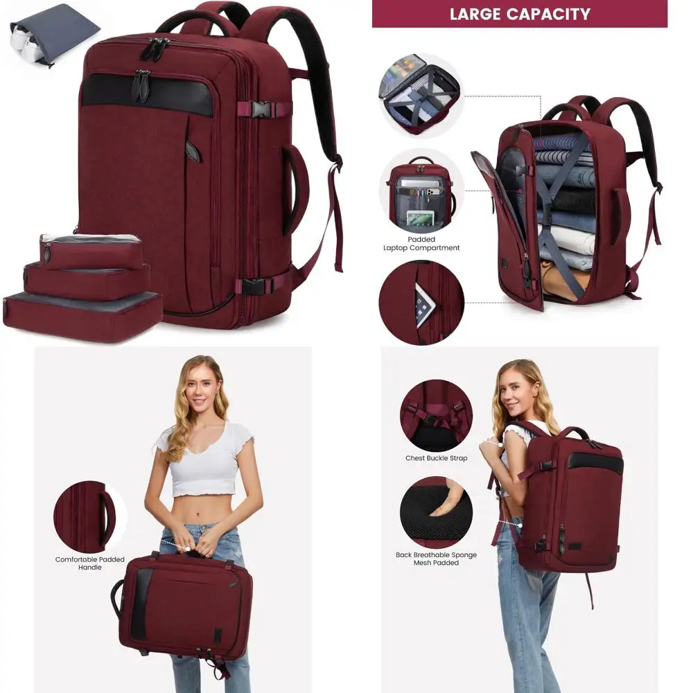 حقيبة ظهر كبيرة للسفر قابلة للتوسيع سعة 45 لترًا للرجال والنساء، معتمدة من شركة الطيران، مثالية لحمل الحقائب مع مساحة تخزين إضافية O