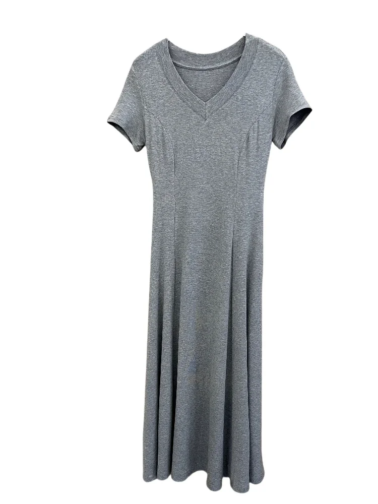 Zjaiss 2025 nouvelle taille cintrée mi-longue noir Style Hepburn robe automne nouveau Modal col en v robe à manches courtes