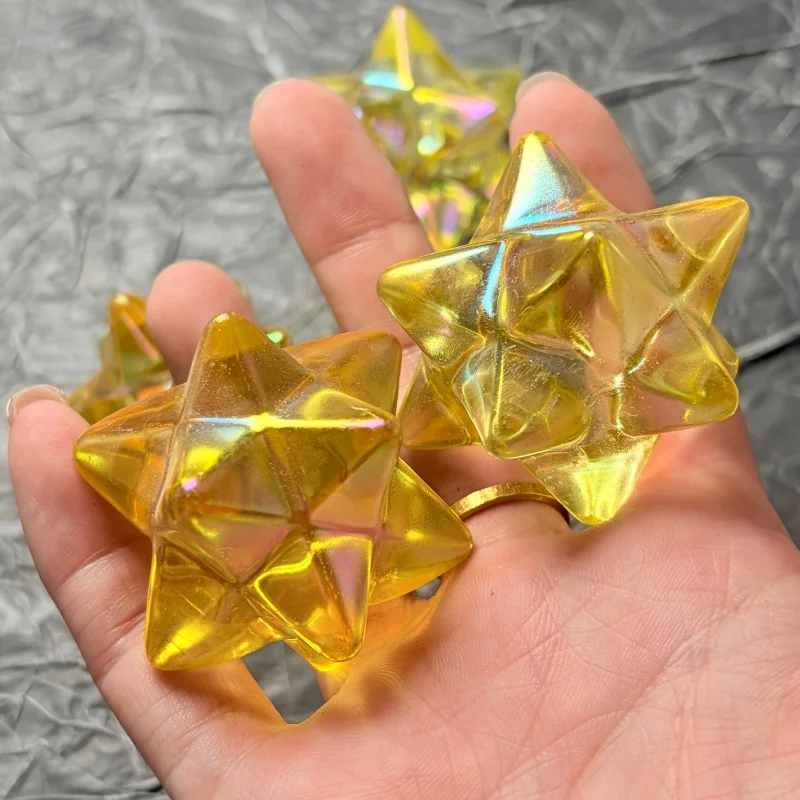 1pc Electroplated Yellow Merkaba Star Polished Quartz Geometric Stone Ornament Home Desktop Decor Holiday Gift for Halloween
