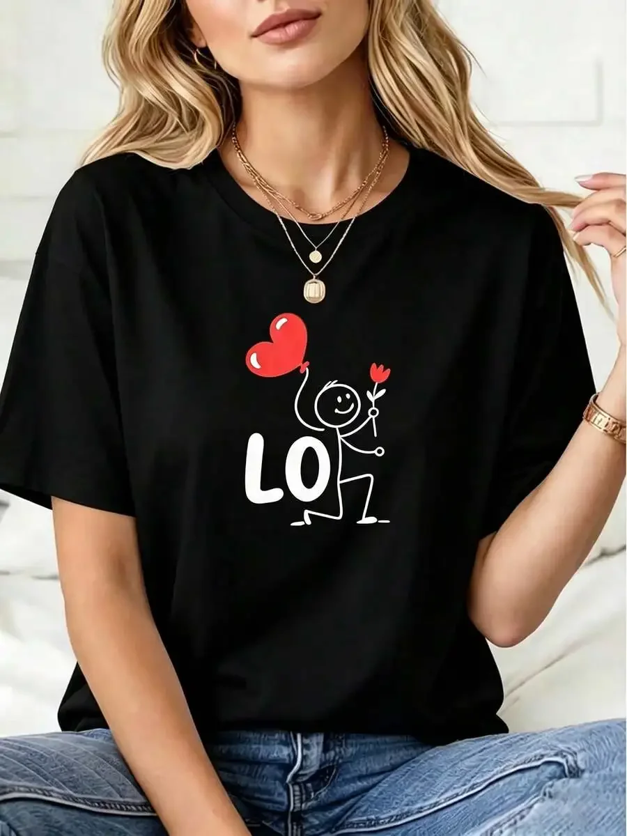 Women Cute Stick Figure Heart Graphic T Shirt Crewneck Short Sleeve Spring Summer Romantic Date Aesthetic Top Clothes for Ladies